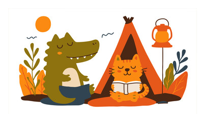 Cartoon Animals Camping Together in Tent Under a Sunny Day