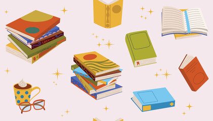 Flat cartoon seamless pattern with books, book stacks, cocoa mug, and reading glasses.