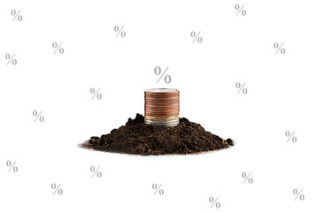 Stack of coins growing from the ground on a white background. Graph of economic growth, investment profit and deposit interest. Banking and business.
