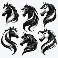  Vector image set of black and white horse heads