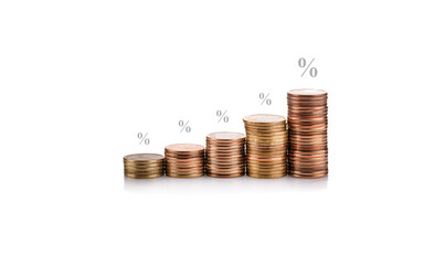 Stack of coins on a white background. Graph of economic growth, investment returns and deposit interest. Banking and business.