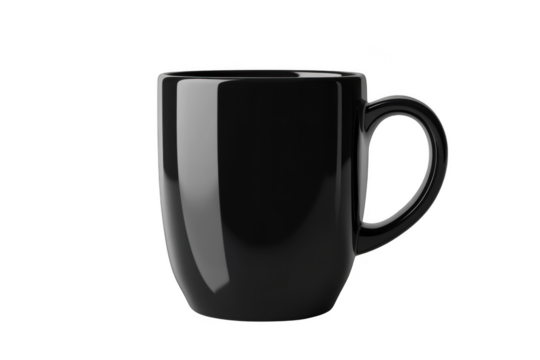 Glossy black ceramic coffee mug mockup, tea cup presentation, drinkware template, kitchenware product visualization isolated on transparent background