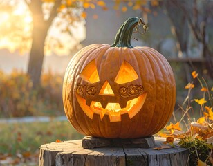 Autumn pumpkin jack-o'-lantern on stump