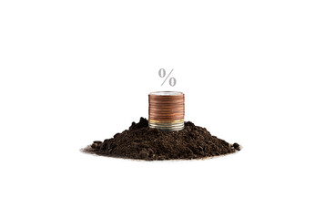 Stack of coins growing from the ground on a white background. Graph of economic growth, investment profit and deposit interest. Banking and business.