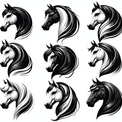  Vector image set of black and white horse heads