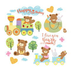 Cute little teddy bear faces illustration for birthday