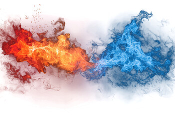 Abstract representation of hot red fire and cold blue water colliding and mixing on a transparent background