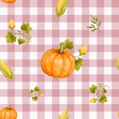 Watercolor Pumpkin and Corn Seamless Pattern with Pink Сheckered Background. Autumn Harvest Vegetables