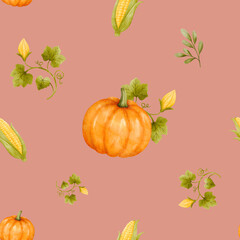 Watercolor Pumpkin and Corn Seamless Pattern. Autumn Harvest Vegetables