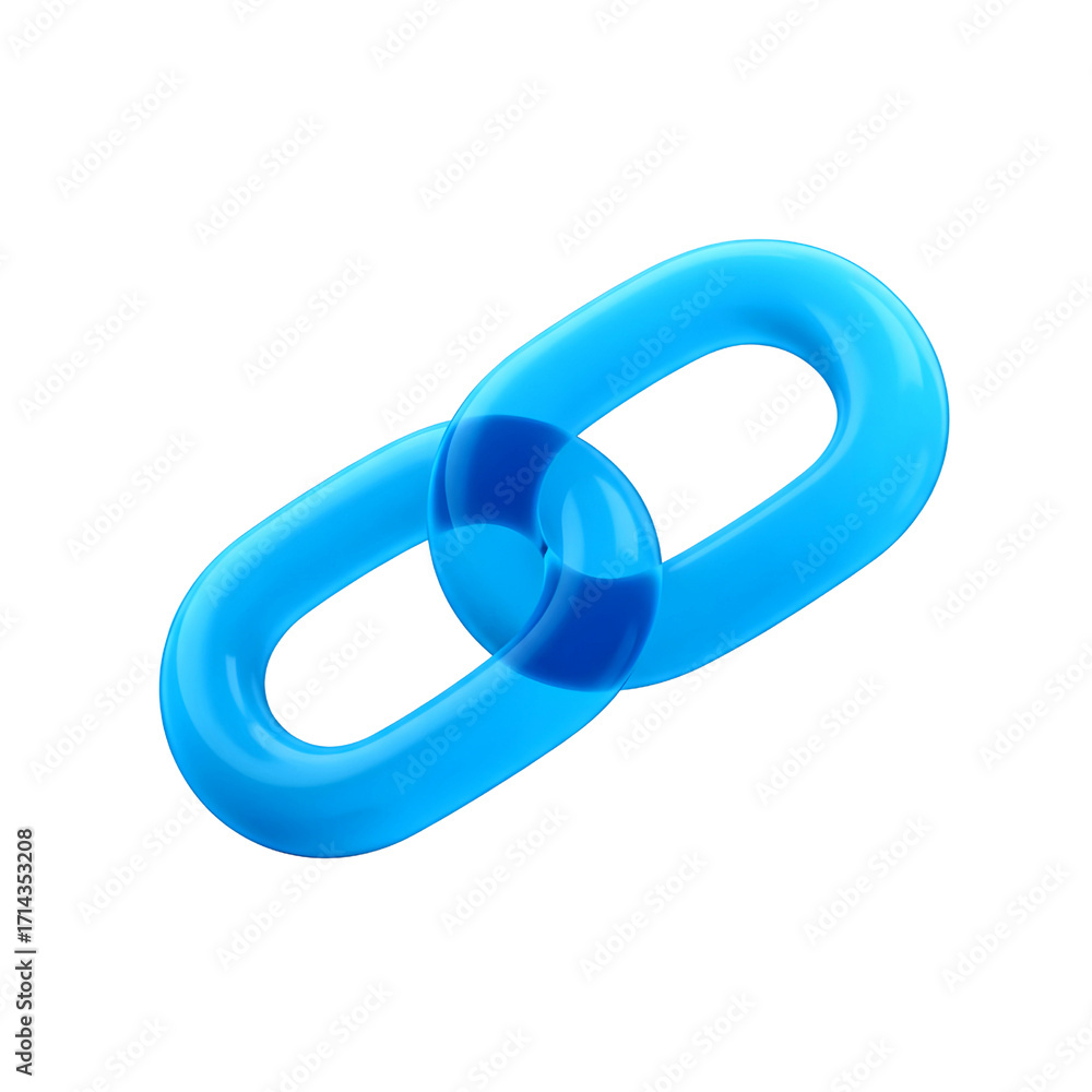 Poster Two interlocking blue plastic chain links forming a connection symbol isolated on transparent background