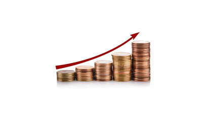 Stack of coins on a white background. Graph of economic growth, investment returns and deposit interest. Banking and business.