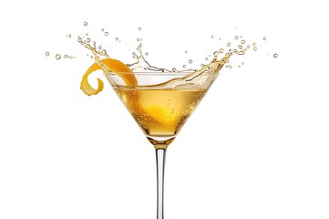 Golden cocktail with a citrus twist splashing in a martini glass against a clean white background perfect for advertising
