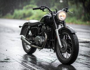Obraz premium Moody Close-up of Black Classic Motorcycle Parked on Wet Road in the Rain. 