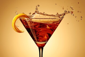 Dynamic close up of a refreshing amber cocktail with a vibrant citrus peel garnish and a dramatic splash frozen in motion against a warm gradient background