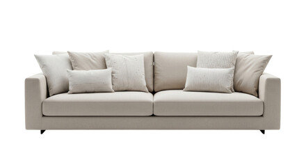 Obraz premium Modern Beige Sofa with Cushions Isolated on Transparent PNG Background