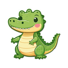 Obraz premium Cute green cartoon crocodile smiling and standing cheerfully on a white surface, radiating happiness and playful innocence.