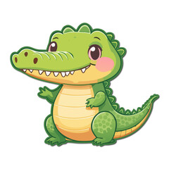 Naklejka premium Cute green cartoon alligator smiling and waving its tiny hand on a white background, radiating happiness and playful charm.