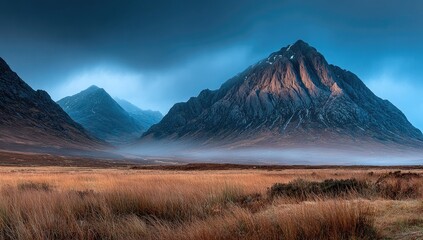 Dramatic mountain range bathed in early morning light, mist-shrouded valley