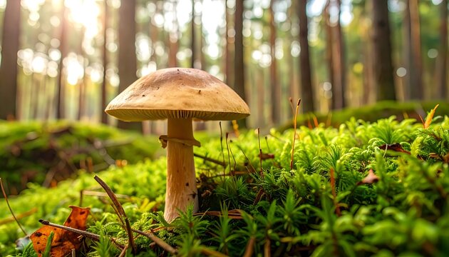 Mushroom in forest at sunrise