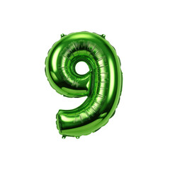 Shiny Green Number Nine Foil Balloon on Transparent Background