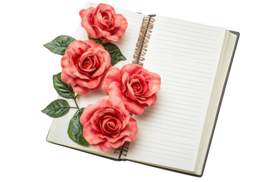 Open spiral notebook with pink roses and green leaves mockup, floral decoration, stationery isolated on transparent background