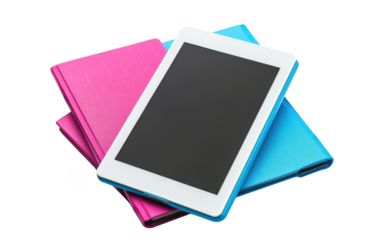 Stock photo of tablet device on pink and blue books for education or business purposes, isolated on transparent background