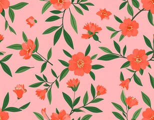 Floral pattern of coral-colored flowers and green leaves on a pink background
