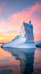Iceberg at sunset reflecting in calm water