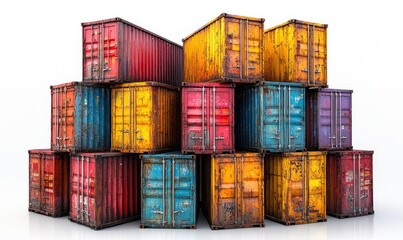 Stack of colorful, rusty shipping containers