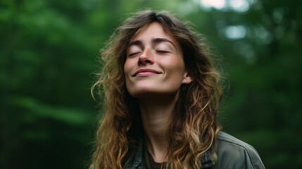 Naklejka premium Carefree woman stands in lush forest, embracing tranquility with a serene smile, eyes gently closed to savor the moment.