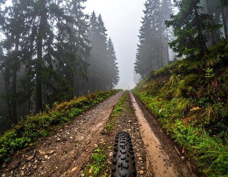 Misty forest road with tire