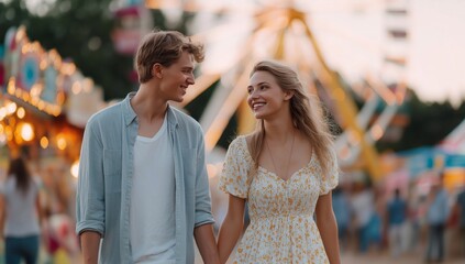 Ferris, Wheel, Happy, Couple, Walking, Amusement, Park, Golden, Hour, Smiling, Romantic, Moments, Vibrant, Background