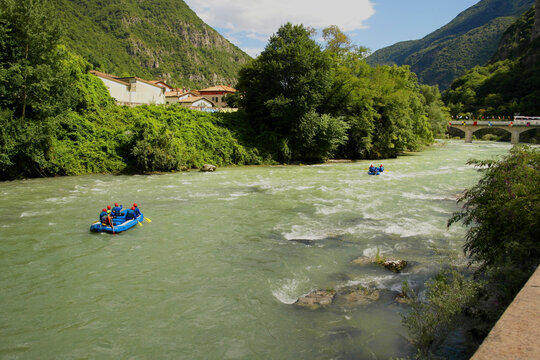 View of the Brenta River from a rafting dinghy in Valstagna, Vicenza, Italy.