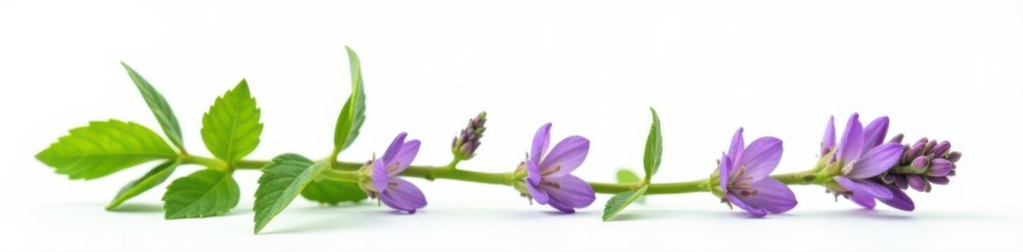 Single patchouli sprig, vibrant purple flowers, fresh green leaves, white background, blossom, stock photo