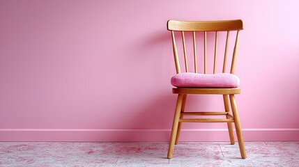 Single Modern Wooden Chair Placed Against Pink Wall with Cushion Accents and Matching Pink Trim and White Speckled Floor in Interior Still Life