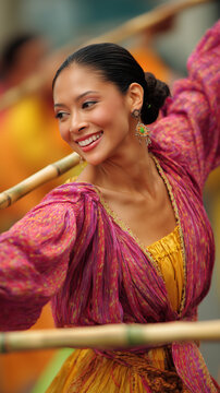 Filipina woman dancing traditional tinikling in festival.