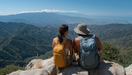 Couple's Journey Adventurous Duo Enjoying Scenic Mountain View, Experiencing Tranquility and Connection, Backpacking and Exploration