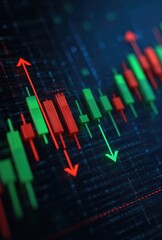 A digital rendering of a financial chart displaying candlestick patterns, with red and green bars indicating price fluctuations, alongside upward and downward arrows suggesting market trends.