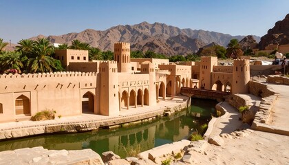 Naklejka premium Ancient desert fortress by a water feature