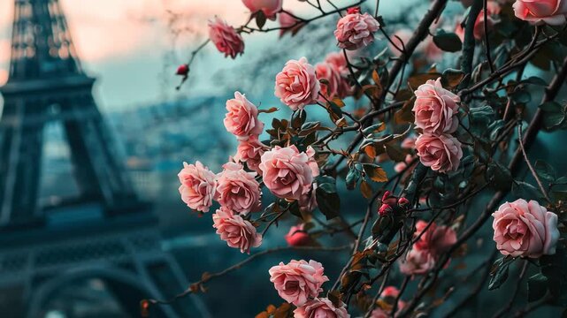 Eiffel Tower and Rose Flowers. Selective Focus. Nature.