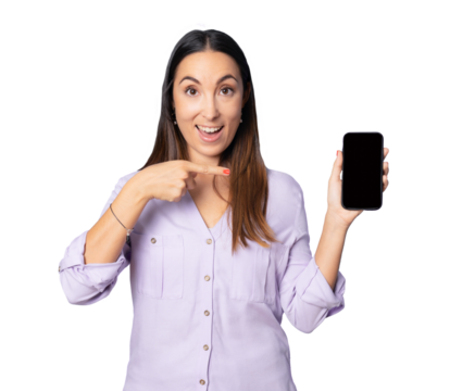 Young excited smiling woman pointing on smartphone screen standing on transparent background. Technology concept.