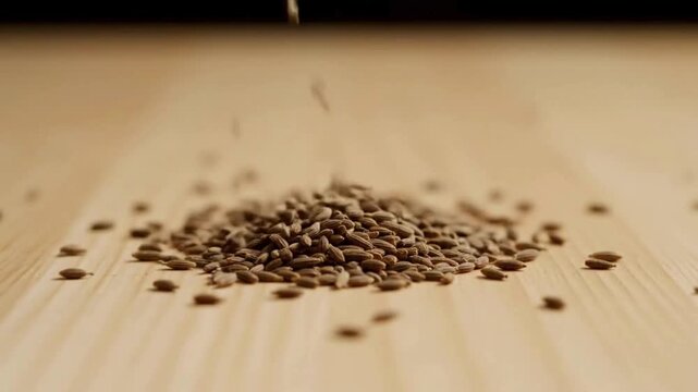  A cascade of cumin seeds falls onto a table surface. The super slow motion captures the individual seeds bouncing and scattering as they land