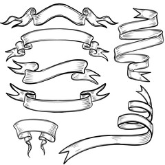Ribbon banners collection vector line art hand drawn illustration 