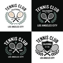 Tennis club badge logo with rackets laurel wreath shield california los angeles city retro vintage sports emblem design