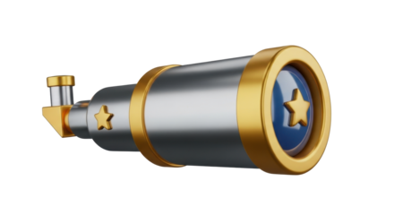 A 3D rendered illustration of a stylized telescope, featuring gold accents and a blue lens, highlighting celestial exploration.