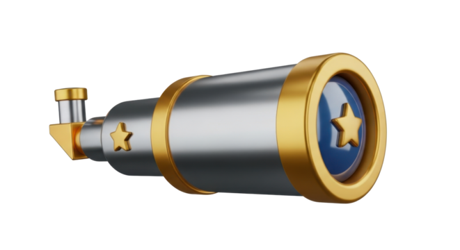 A 3D rendered illustration of a stylized telescope, featuring gold accents and a blue lens, highlighting celestial exploration.