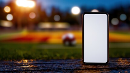 Smartphone with blank screen rests on wood, soccer ball and blurred nighttime park background.