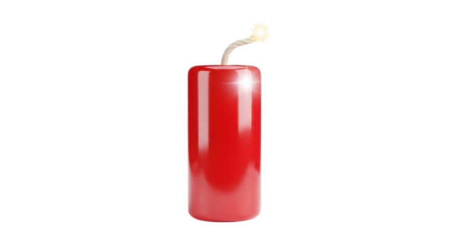 A vibrant, glossy red dynamite stick with a lit fuse against a white background.