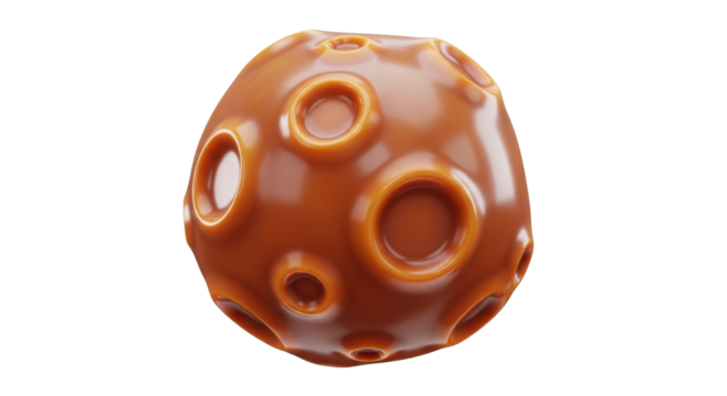 A round, caramel-colored candy shaped like a planet with craters.