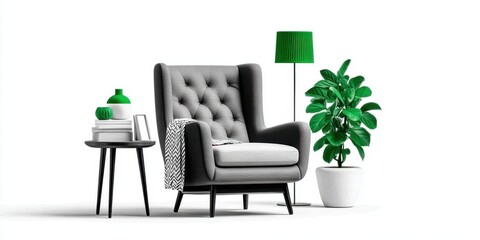 Modern gray armchair with tufted design, accompanied by a stylish side table, green lamp, and lush indoor plant, creating a cozy and inviting living space atmosphere